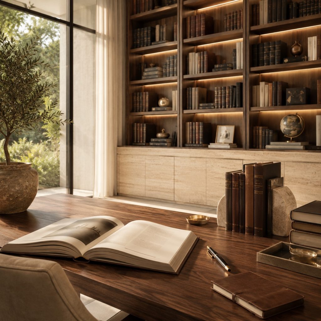 Biblioteca contemporánea de Familia Jurídica con libros sobre sucesiones, patrimonio y legado.